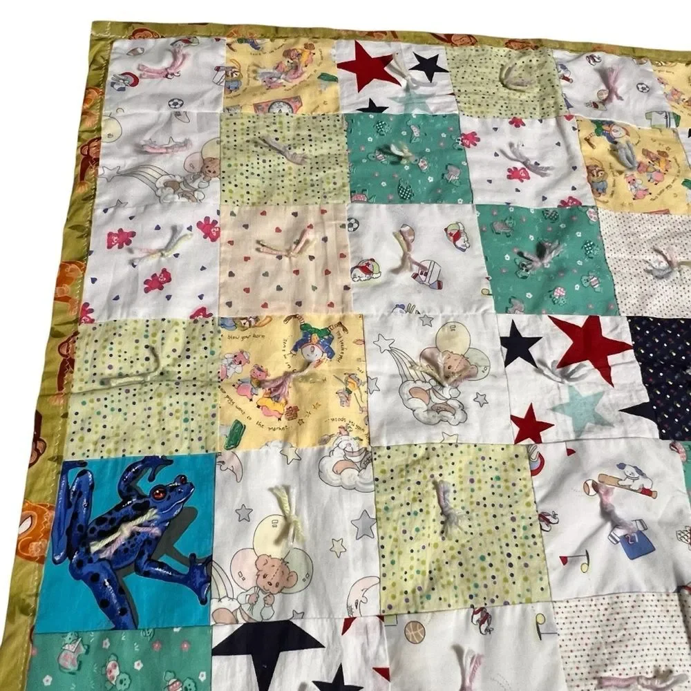 Homemade Monkey Patchwork Baby Quilt with Mixed  Quilt Squares Handcrafted 36x31